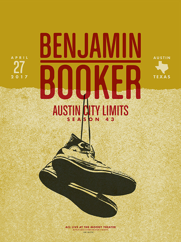 Screen print poster featuring text and an image of a shoe, with the words 'Benjamin Booker' prominently displayed, along with dates and locations related to a concert.