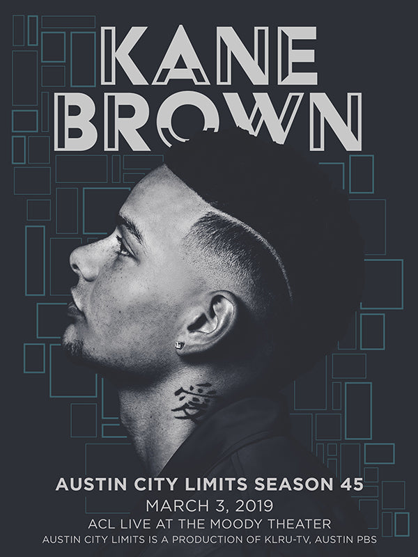 A screen print poster featuring a man's face, likely Kane Brown, with a black and white color scheme and text overlay indicating 'Austin City Limits Season 45'.
