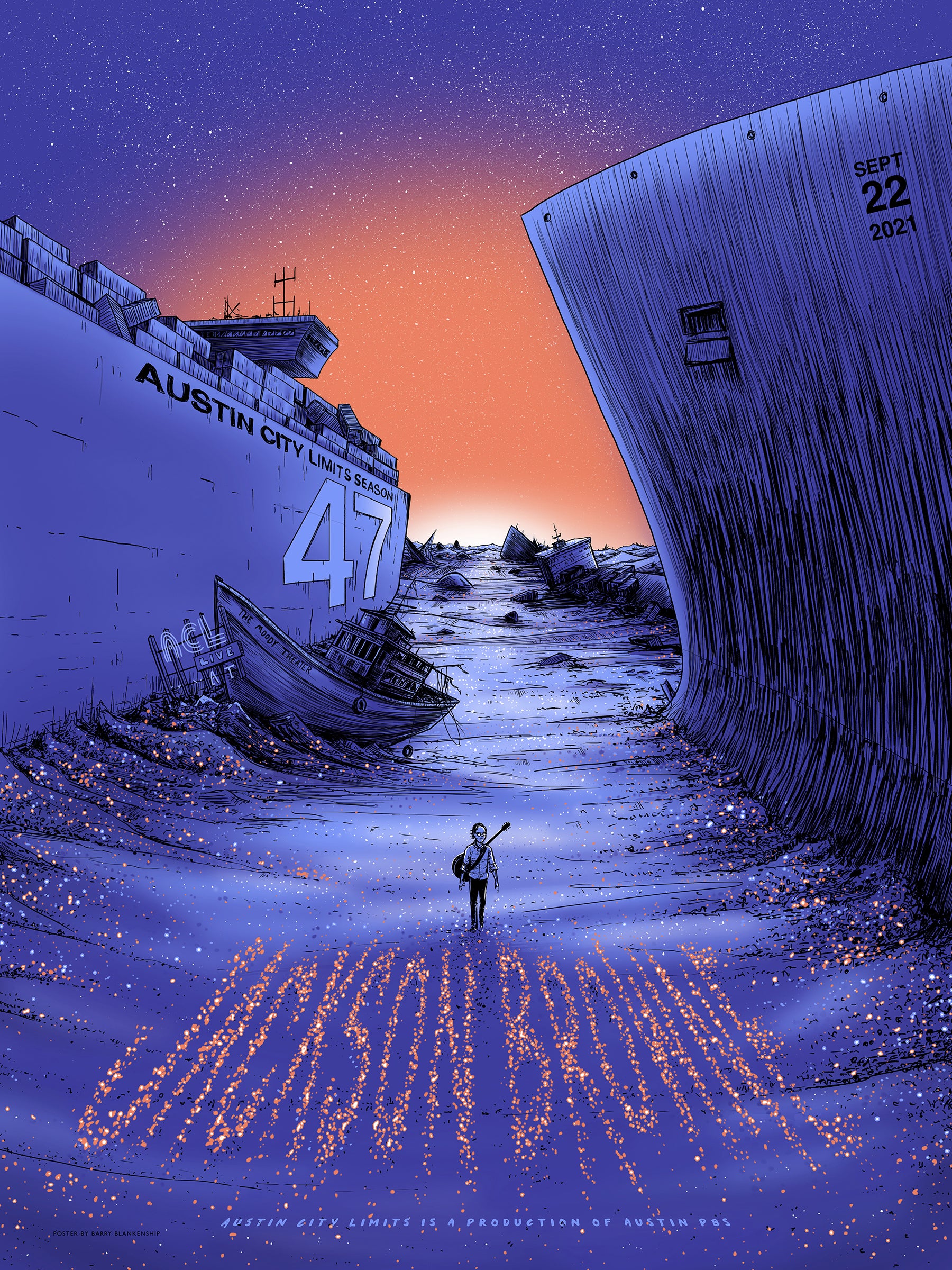 A screen print featuring a stylized illustration of a person playing a guitar with a backdrop of a body of water and a large ship at sunset. Jackson Browne Poster for Austin City Limits Taping