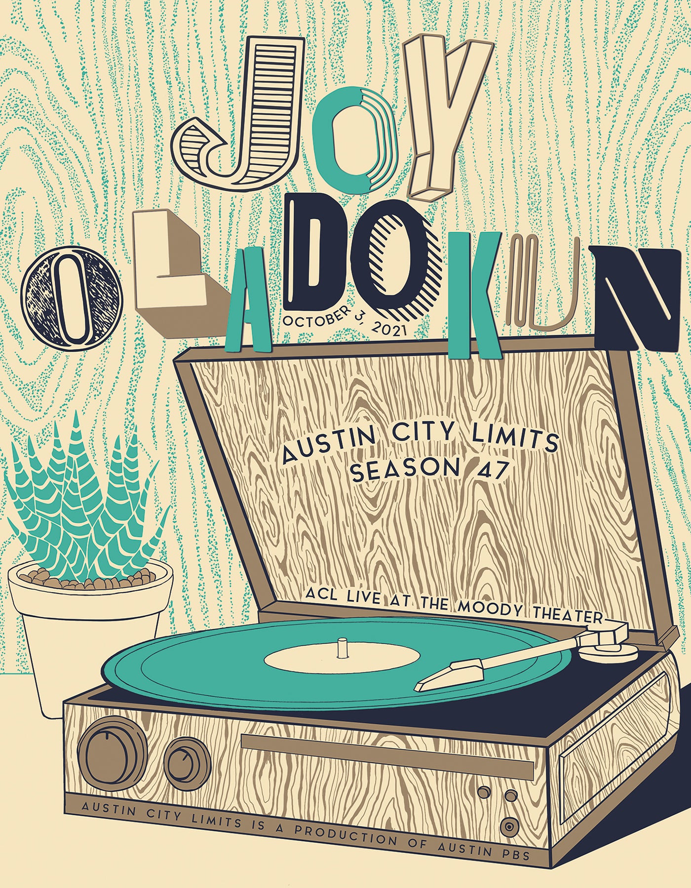 A screen print poster featuring an illustration of a record player and vinyl records, with text elements including 'Joy O', 'Austin City Limits', and 'Season 47'.