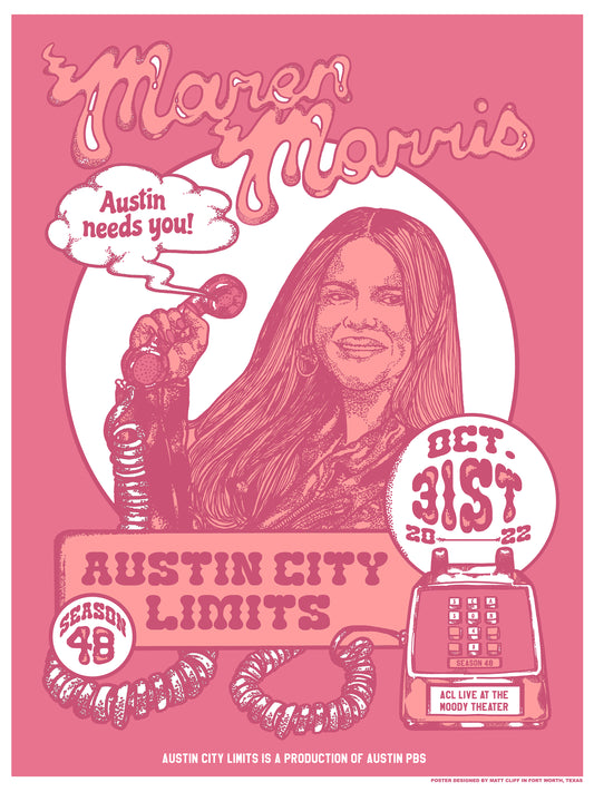 promotional poster of Maren Morris commemorating her Austin City Limits performance during Season 48 in pink design and corded phone graphic motif