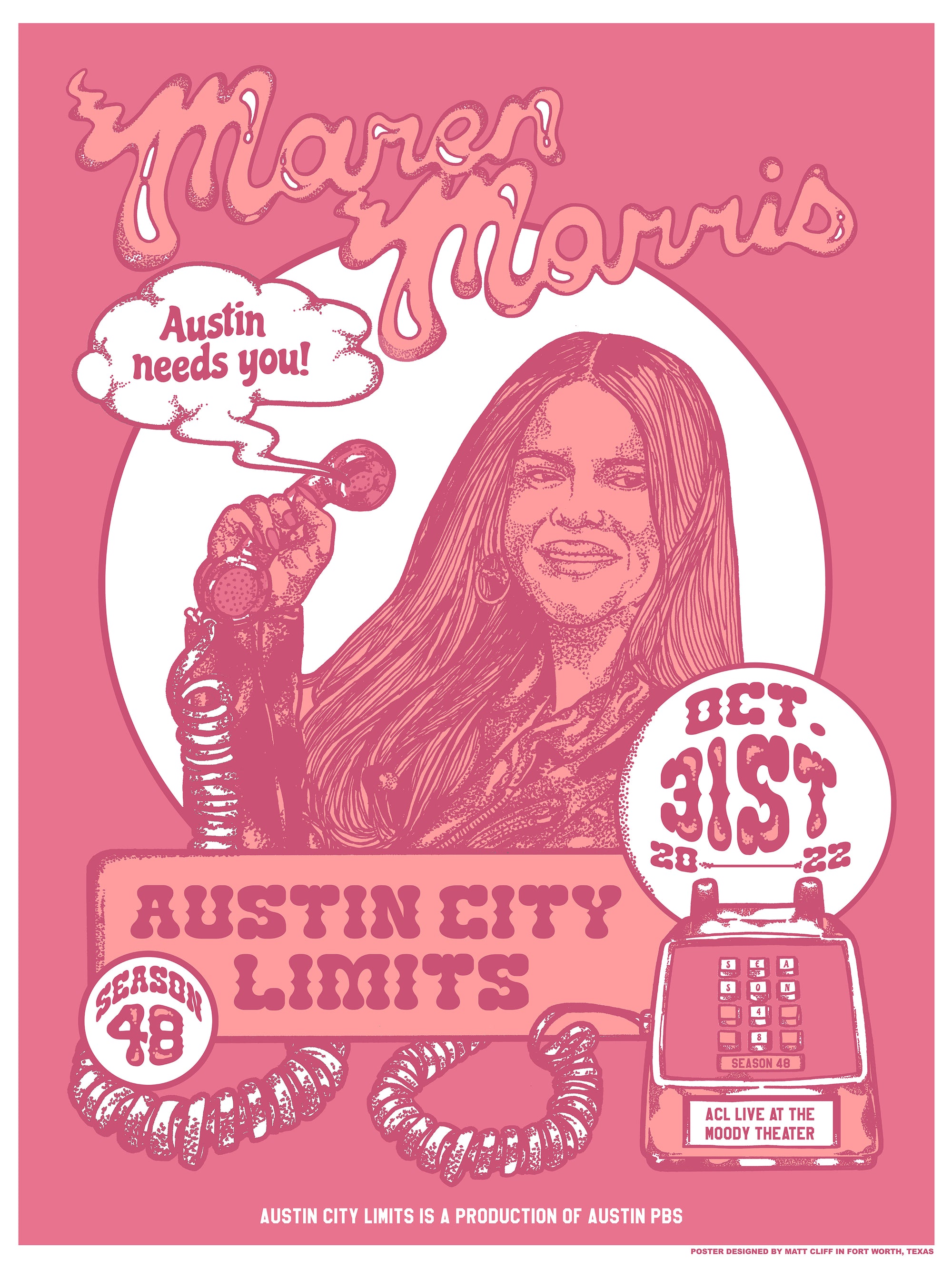 promotional poster of Maren Morris commemorating her Austin City Limits performance during Season 48 in pink design and corded phone graphic motif