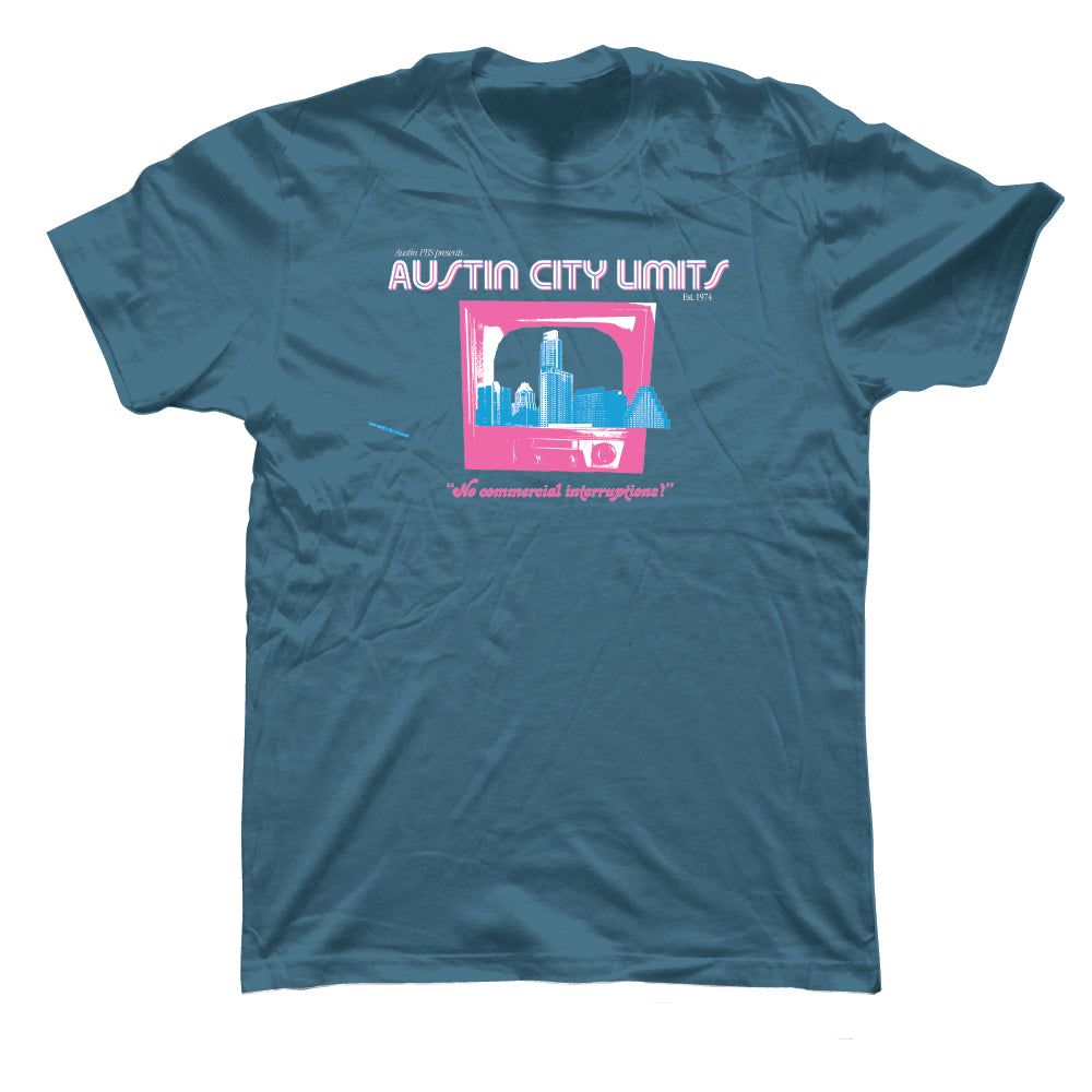 A blue-colored unisex t-shirt featuring a graphic print of 'Austin City Limits' with a skyline and TV logo in pink and white.